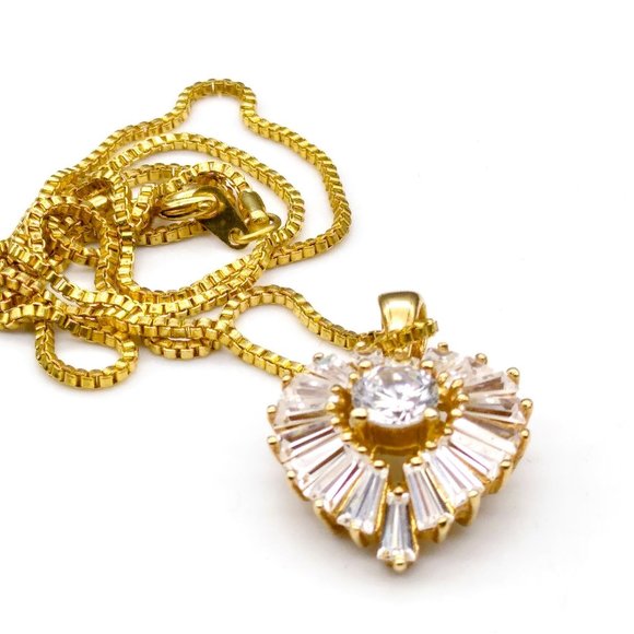 Glowing Heart CZ Pendant Necklace, Gold Tone Setting and Box Chain, Chaton Cubic - Picture 4 of 5